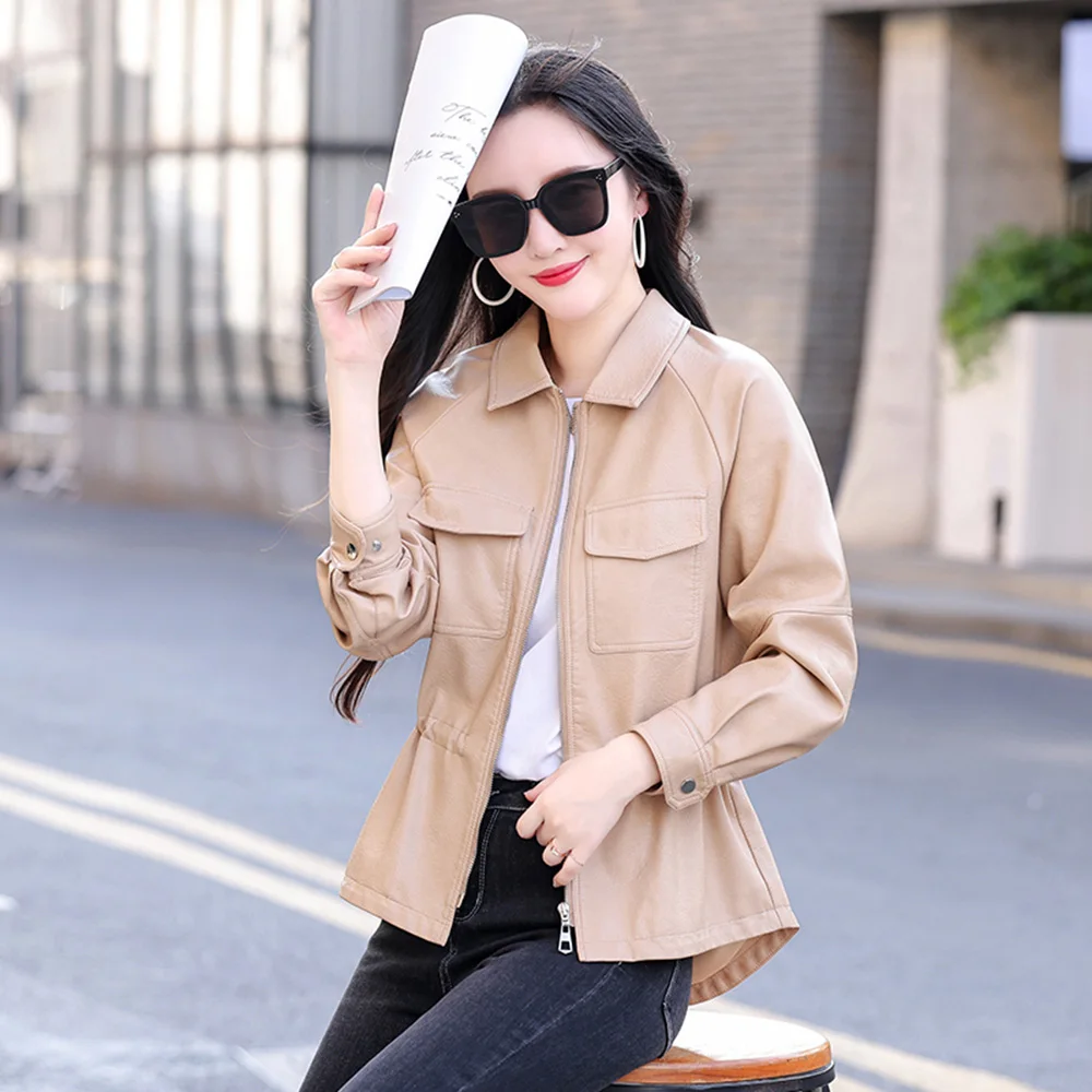 New Women Leather Jacket Spring Autumn Fashion Long Sleeve Drawstring Waist Sheep Leather Coat Casual Solid Biker Jacket Female autumn new two piece sets women korean fashion long sleeve hooded zipper tops female casual solid drawstring pant sport outfits