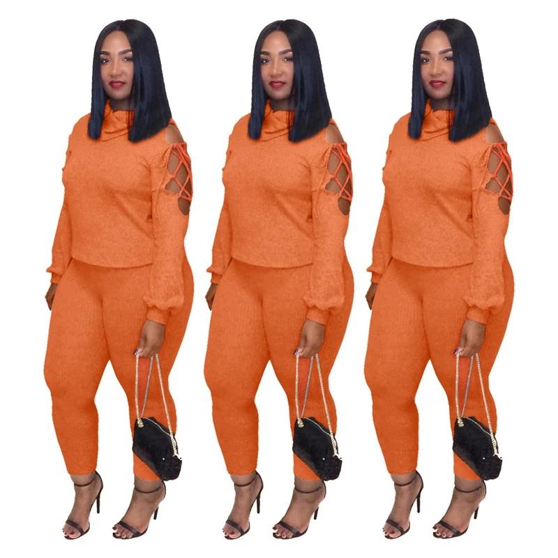 

Женский однотонный вязаный комплект из двух предметов, осенняя Водолазка с длинным рукавом, ажурный топ на шнуровке и облегающие леггинсы, повседневная одежда