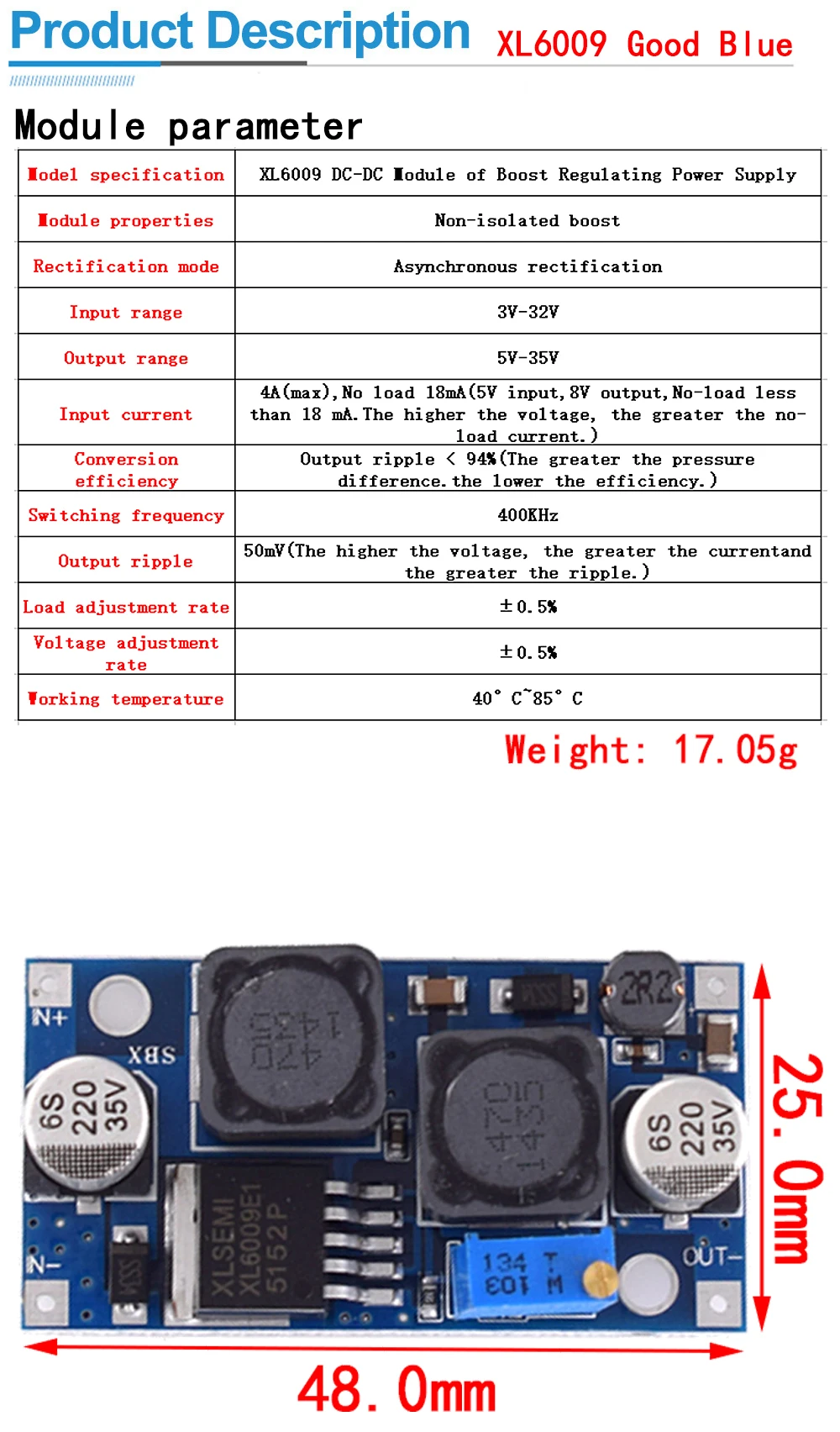 Xl6009/xl6019 4a Boost Converter Step Up einstellbar 15W 5-32V bis 5-50V DC-DC Netzteil modul hohe Leistung niedrige Welligkeit – Detail 6