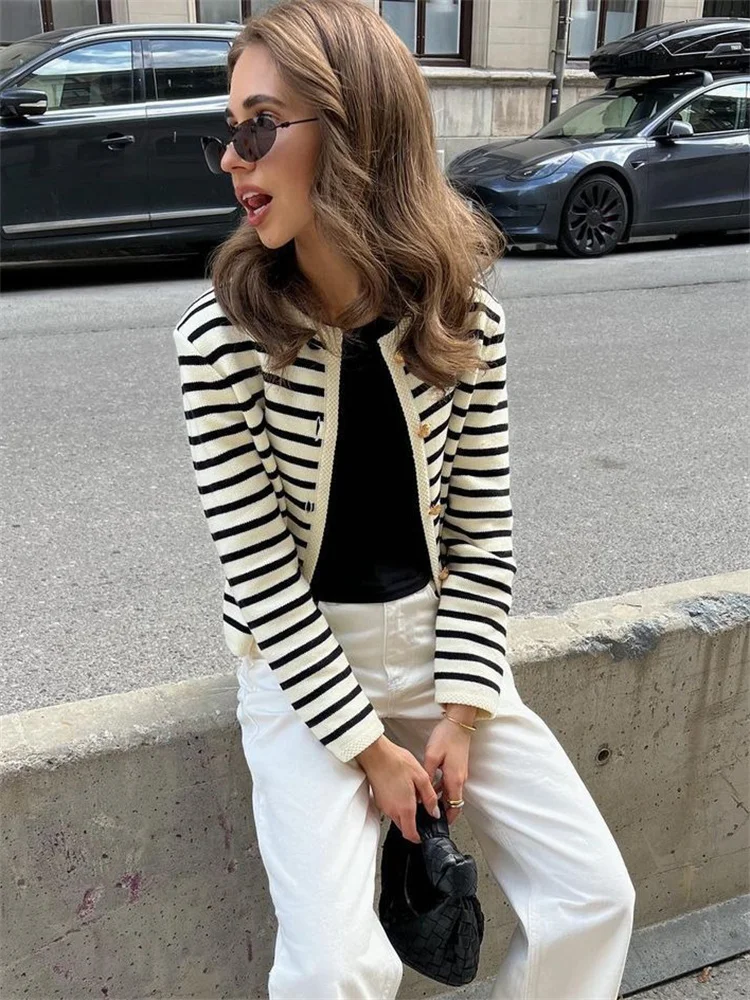 Suéter de punto a rayas, cárdigan, abrigo para mujer, suelto, de manga larga, a la moda, ajustado, con parches en contraste, prendas de vestir exteriores, abrigo de punto de verano