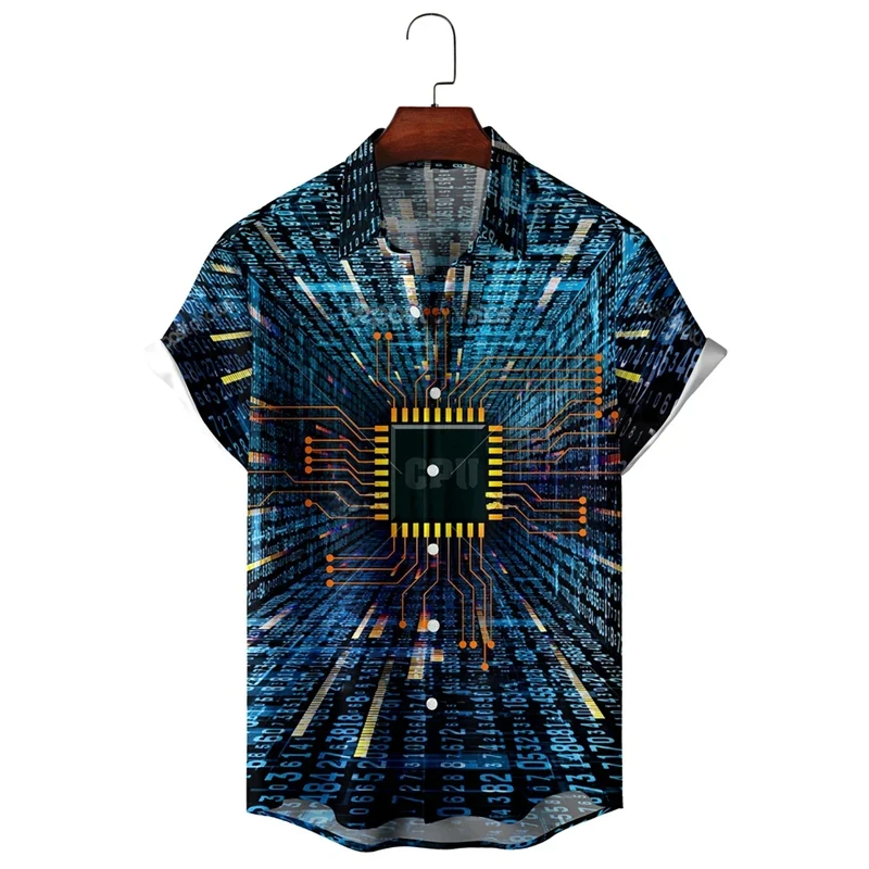 thumbnail image 1 of Camisa con estampado 3D de chip electrónico para hombre, camisa retro minimalista informal de verano, camisa personalizada con botón de ingeniero para hombre, 1 of 5