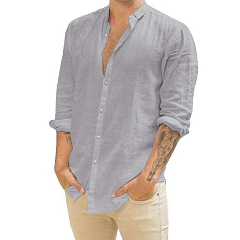 Men Flax Button Loose Blouse Tops Spring Summer