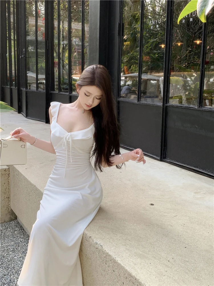 Spaghetti Strap Knitted Dresses for Women Lace-up Slim Solid Square Collar Elegant Sexy Korean Fashion Vestidos Mujer New