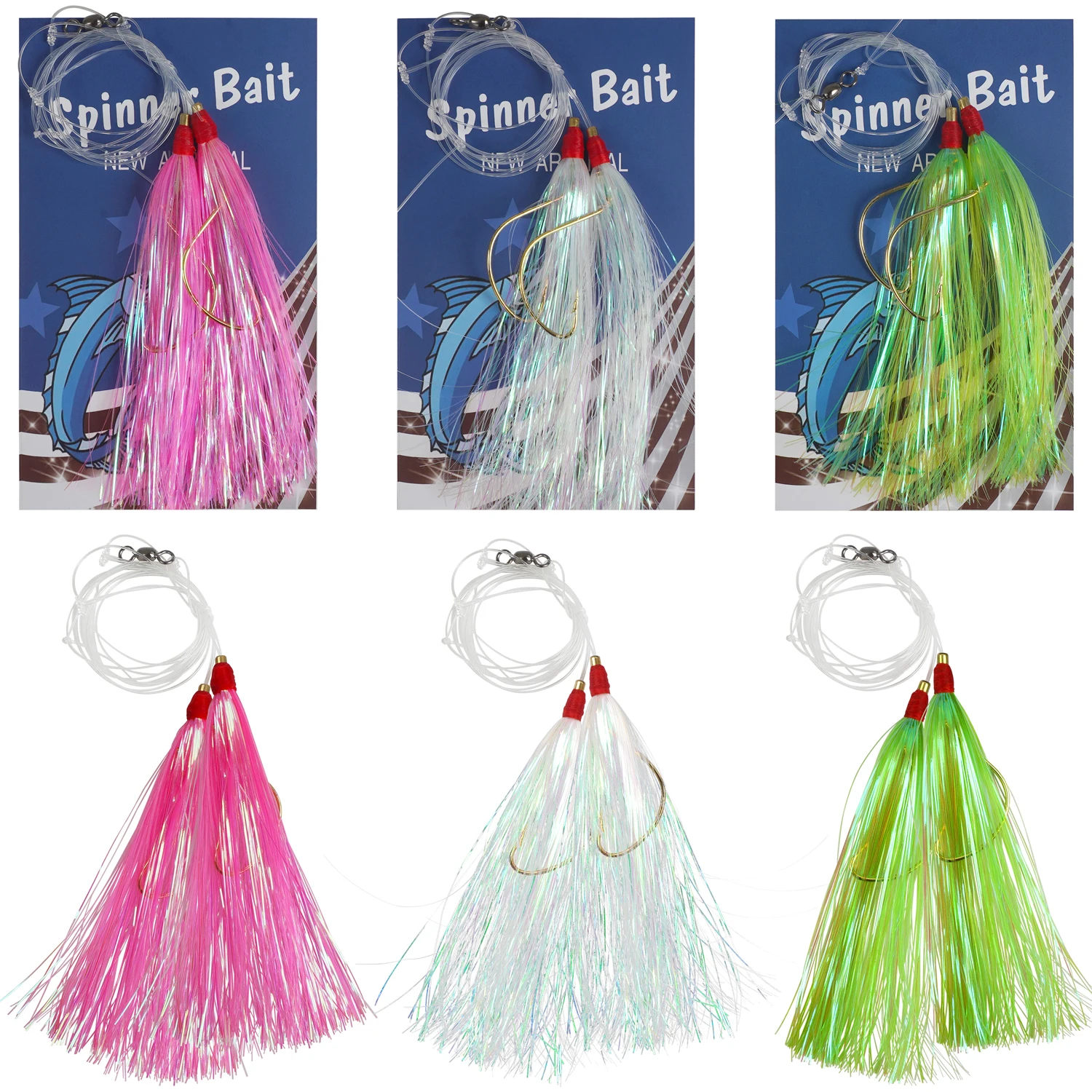 3/6Packs Fishing Bucktail Teaser Fishing Bait Rigs for Fluke Rig Saltwater Fishing Teasers Mylar Flash Teaser Tail Rigs