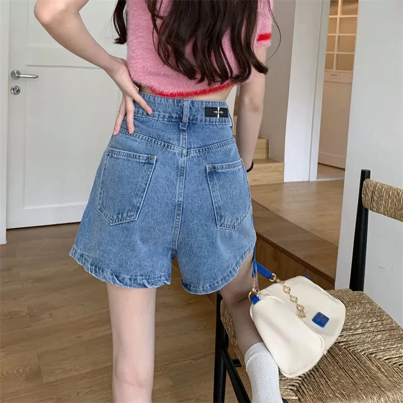 Summer Single-Breasted Denim Shorts Women Korean Fashion High Waist Jean Culottes 2023 Mini Pantskirt Blue Black Baggy Shorts