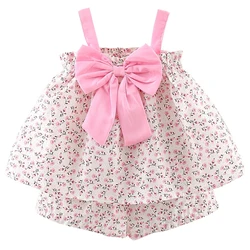 2Piece Baby Luxury Clothing Toddler Girl Summer Outfits Korean Cute Flowers Sleeveless Big Bow Vest+Shorts Newborn Clothes BC546
