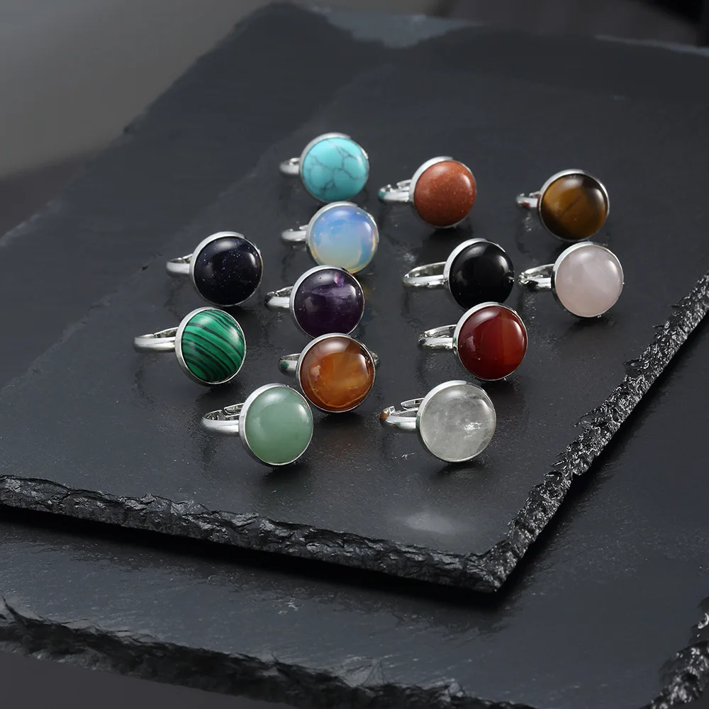12mm Round Natural Stone Rings Tiger Eye Opal Pink Crystal Adjustable Stainless Steel For Women Pendientes Jewelry