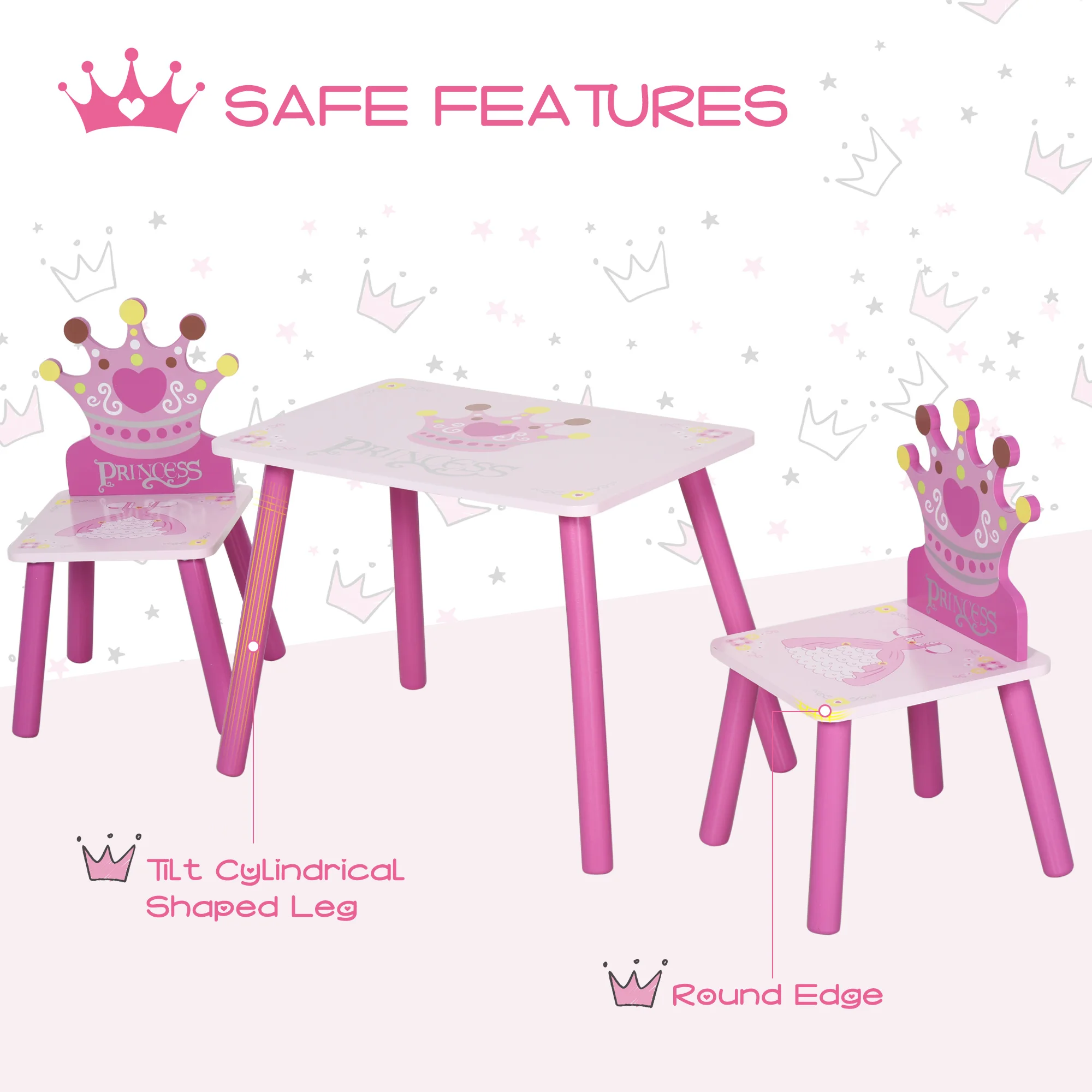 Triple Piece Collection Children's Wood Table Seat with Crown Pattern 4