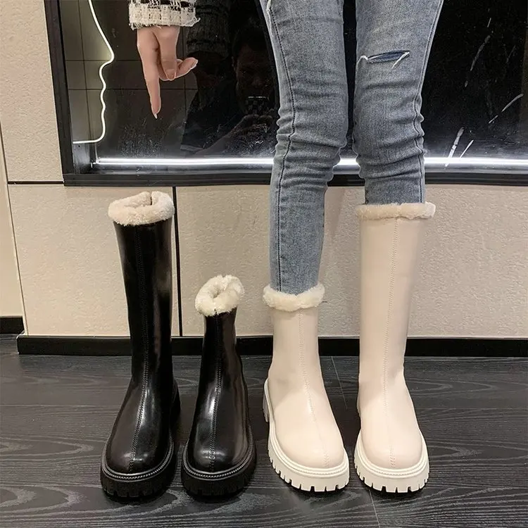 

White Trendy Women's Shoes 2023 New Autumn and Winter Plush and Square Heel Cotton Shoes Snow Boots Short Boots Women Shoes