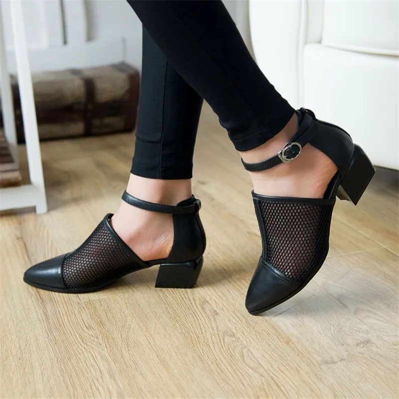 PXELENA Elegant Retro Sandals Womens Cut Out Mesh Leather Block Chunky Square Heel Gladiator Rome Ankle Strap Sandals Shoes