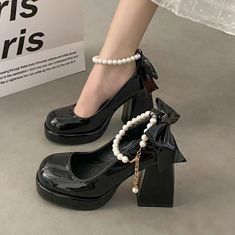 

Lucyever Pearls Strap Thick Heel Pumps Women Round Toe Platform Mary Jane Shoes Woman 2023 Bowknot Party Lolita Shoes Female