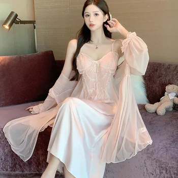 Summer New Arrival Chiffon Bathrobe With Ice-silk Nightdress Set Robe Gown Sets Fashion Women's Sweet Elegant Fairy Sleepwear 1