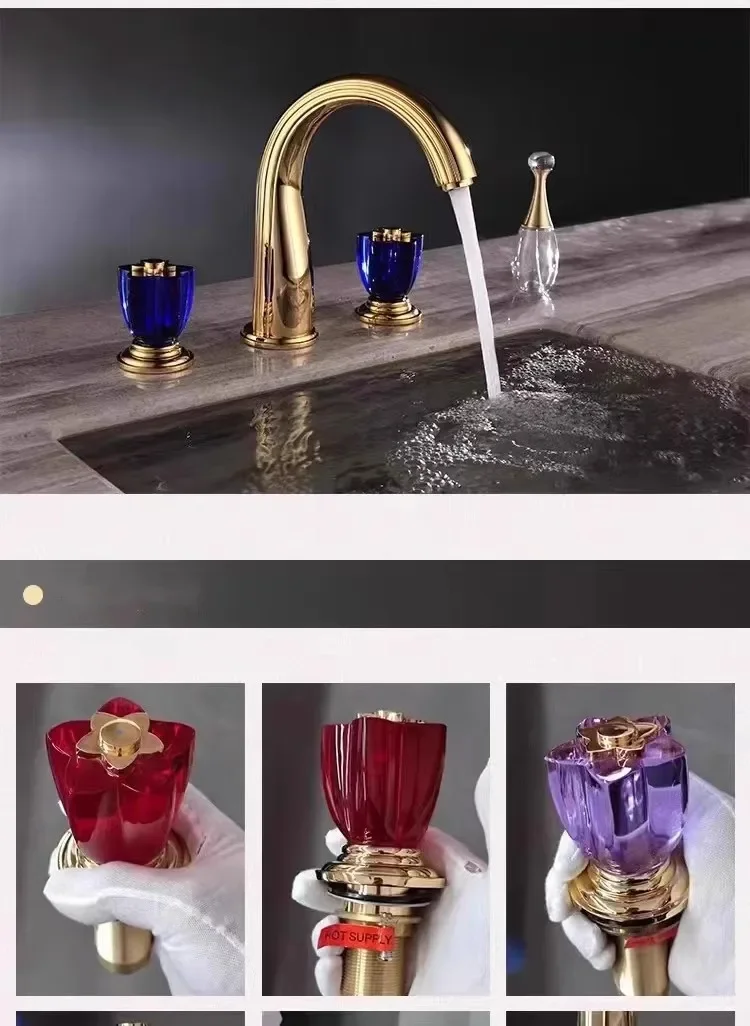 Description Picture 4 of itemBasin Faucets Brass Luxury Gold Bathroom Faucet Sink 3 Hole Hot And Cold Basin Water Tap