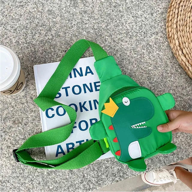 Kids Waist Bags Cartoon Dinosaur Print Outdoor Travel High Capacity Crossbody Zipper Bag Girl Boy Gift Children Chest Pouch Pack C green