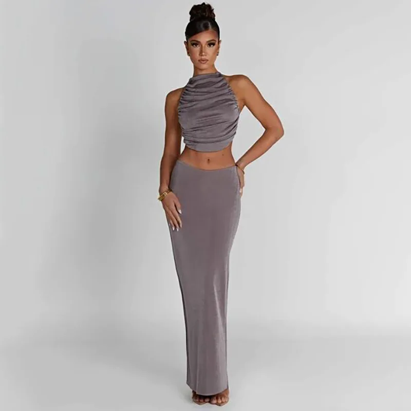 Summer Women's Suit Temperament Halter Small Vest And Long Dress Sets Slim Sexy Backless Women Slim Two-Piece Suit