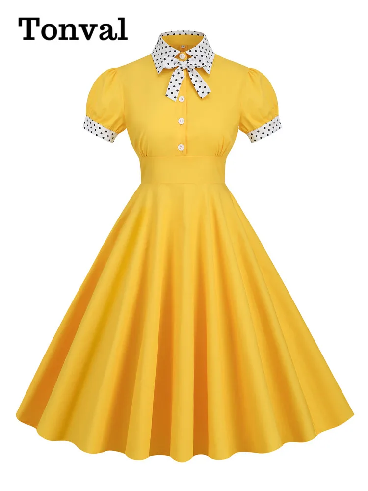 

Tonval Contrast Dotted Collar and Cuff Bow Front Button Up Rockabilly Dress Women 50s Pinup Cotton Vintage Midi Dresses