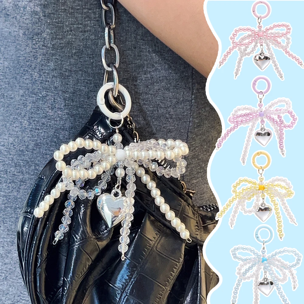 Y2K Crystal Double Butterfly Pearls Pendant Charm Heart Keychain Elegant Keyring Sweet Phone Hangings Bowknot String of Beads
