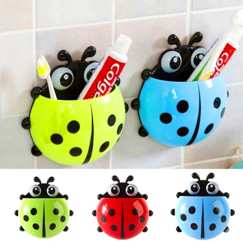 Cartoon Toothbrush Holder Cute Ladybug Insect Tooth Brush Holder Storage Rack Bathroom Wall-mounted Shelves Accessories For Kids