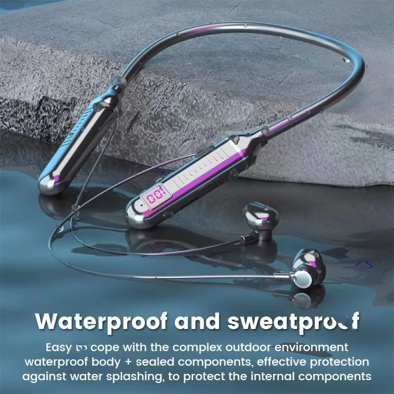 VIKEFON Wireless Earphones 5.3 Neckband Headphones Gaming LED Display Stereo Sports Headset Halter Waterproof Magnetic Earbuds 2