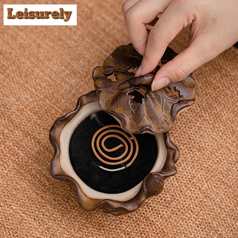 Retro Lotus Ceramic Incense Burner Zen Censer Burner Holder With Cover Small Plate Incense Stand Desktop Decoration Tea Ceremony