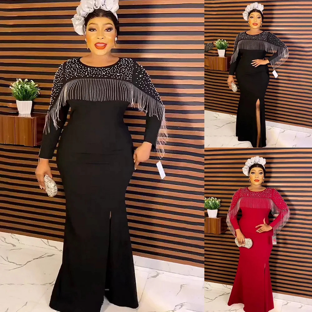 

African Women Elegant Evening Dresses Dubai Turkey Luxury Dashiki Sequin Tassel Maxi Robe Ankara Party Clothing Ladies Dress