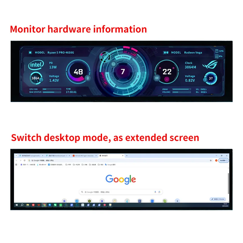 Écran Secondaire PC 8,8 Pouces IPS, USB-C, 1920x480 – Surveillance CPU/GPU, Multifonction