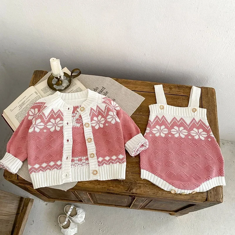 

Princess Baby Girl Clothes 0-3Years Newborn Kids Snowflake Pattern Knitted Romper Plaid Sweaterr Knitwear Cardigan INS Outfits