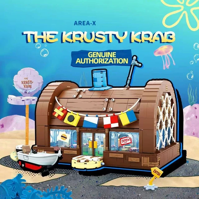 Spongebob Cartoon Krusty Krab Restaurant Building Blocks Creative Canteen Scenes Model Bricks Desktop Ornaments Toy For Kid Gift 2