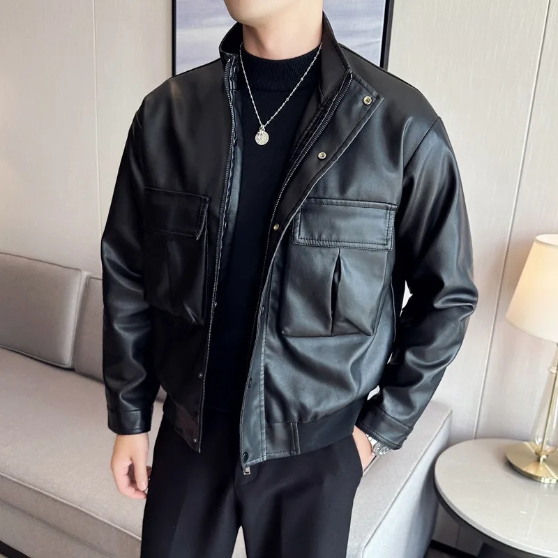 

Popular Short Style Retro Motorcycle PU Leather Coat 3D Pocket Trendy Button Work Style Soft Leather Jacket