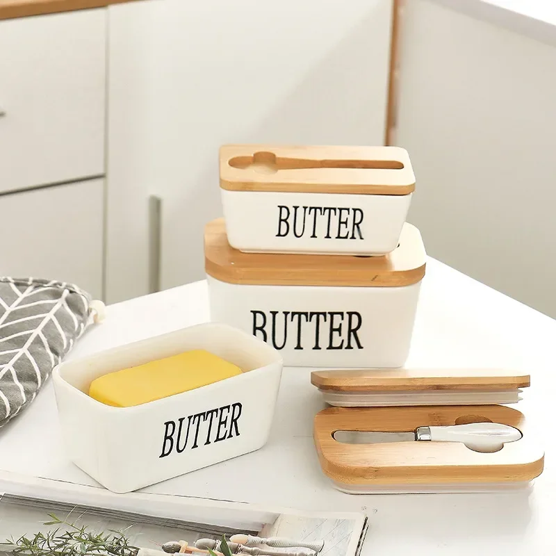 Butter Storage Box Ceramic Butter Container Restaurant Sealed Storage Cheese Knife Bamboo Lid Butter Slicer Dish Tableware