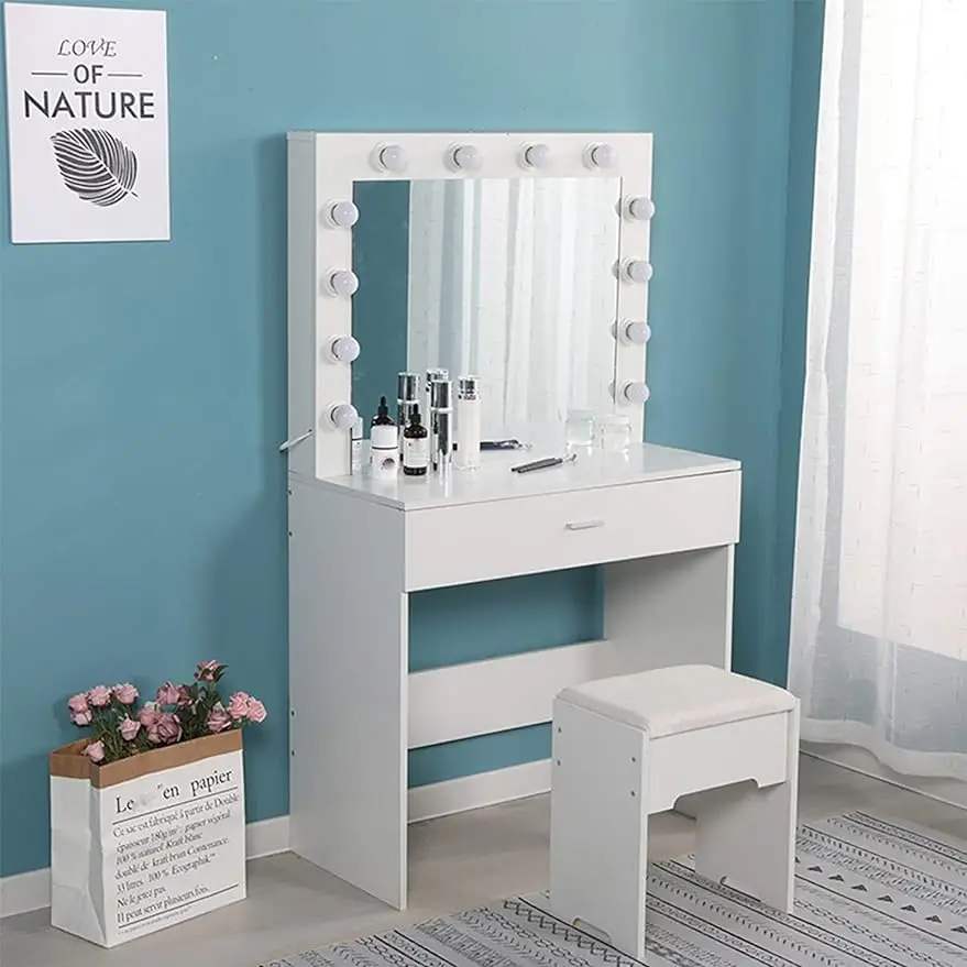

AUSPUM Makeup Vanity Desk with Lights & Drawer, Modern Bedroom Small Dresser Dressing Table for Girls Womens, Tocadores para M