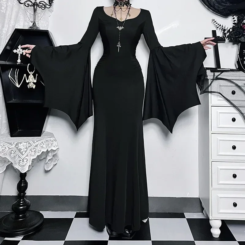 Halloween Costume Women Batwing Sleeve Floor Dress Black Gothic Evil Terror Maxi Mistress Morticia Addam Family Outfit For Adult 5