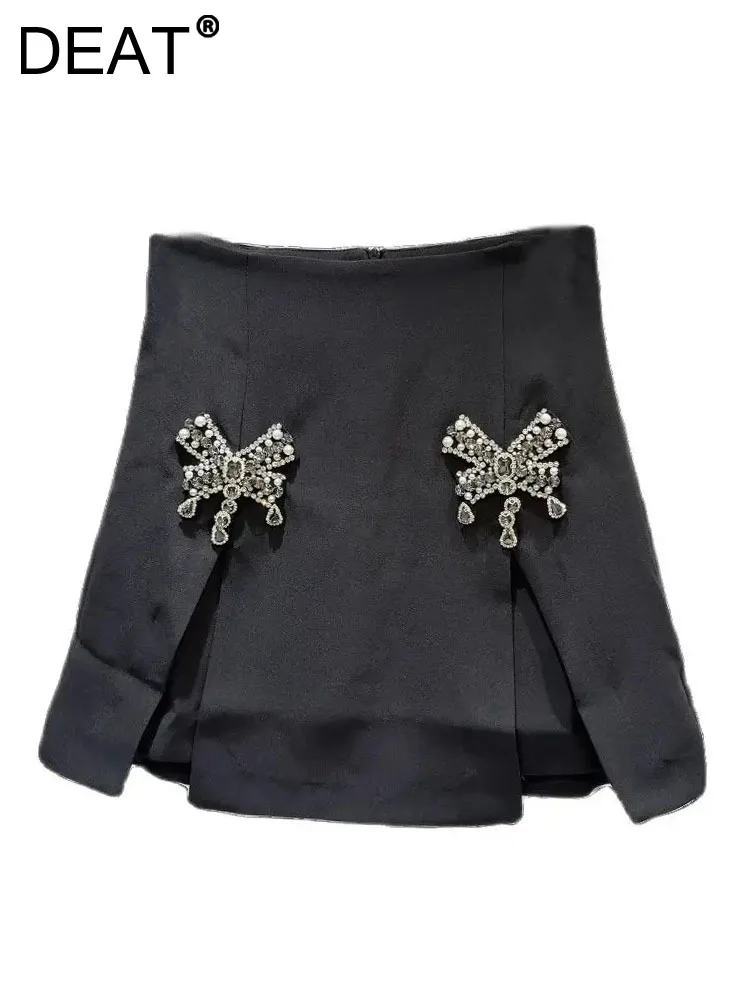 

DEAT Women's Skirt High Waist A-line Diamonds Bow Split Black Elegant Female Mini Skits 2024 Summer New Fashion 11XX9330