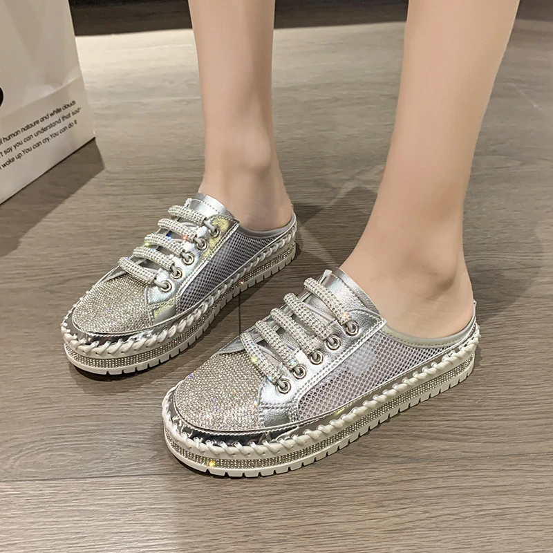 Women Crystal Shoes 2023 Spring Fashion Bing Lace Up Ladies Casual Shoes Comfortable Round Toe Platform Sneakers White Shoes