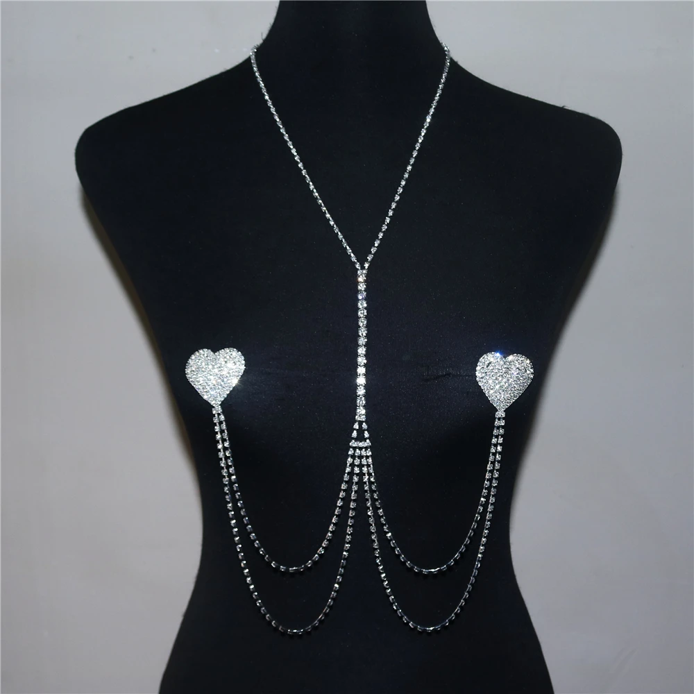 

Simple Shining Rhinestone Love Chest Chain Ladies Nightclub Party Bling Crystal Bra Necklace Sexy Body Chain Jewelry Wholesale