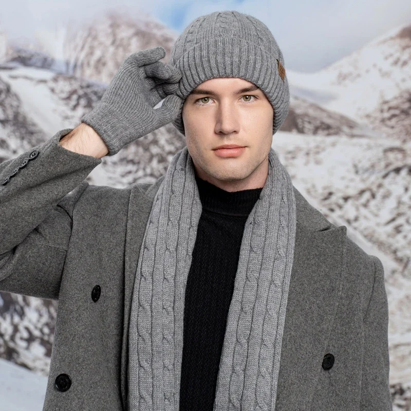 

Alpaca Wool Hat Scarf Glove Set Women Men Winter Knitted Beanie Hat Warm Neck Scarf Fleece touchscreen cold resistant Gloves