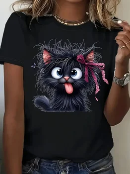 Women's Funny Fried Cat Cartoon T-Shirt with Playful Bow Butterfly Print  Women's Casual  Short Sleeve T Shirt Clothing Top Tee 1