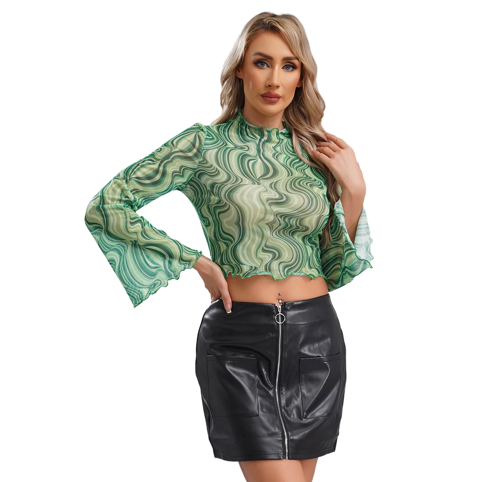Top corto de malla con estampado Floral de discoteca de los años 70 para mujer, camiseta con cuello levantado y manga larga acampanada con ribete con volantes, camisola Estilo bohemio