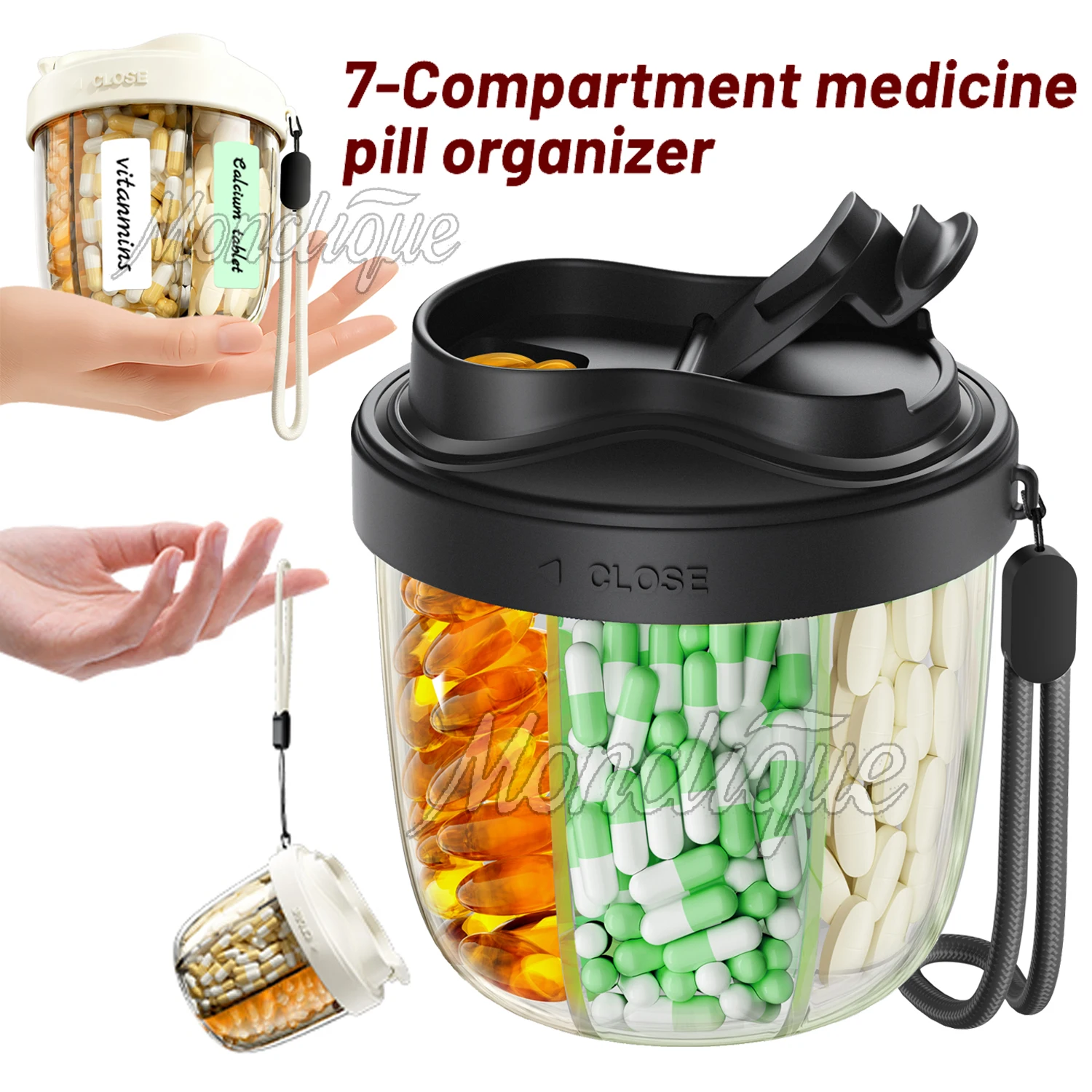 Rotatable Cute 7 Grid Pill Cup Bottle Organizer Week Tablets for Portable Travel 7 Vitamin Supplement Medicine Storage Container