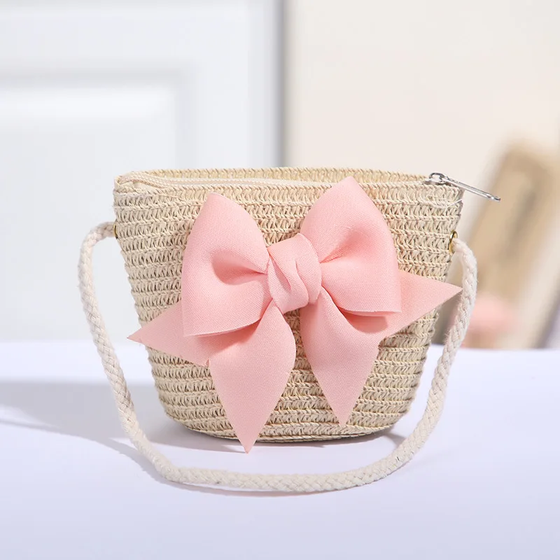 New Pink Bow Girl Bags Zipper Woven Straw Kids Princess Messenger Bags Outdoor Travel Keys Candy Crossbody Bags 5
