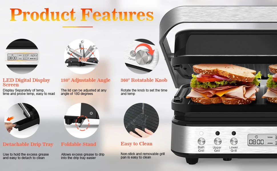 Description Picture 4 of itemPress Grill Sandwich Maker with Removable Plates, 5 in 1 Smokeless Indoor Grill & Griddle with Meat Thermometer, CATTLEMAN CUISI