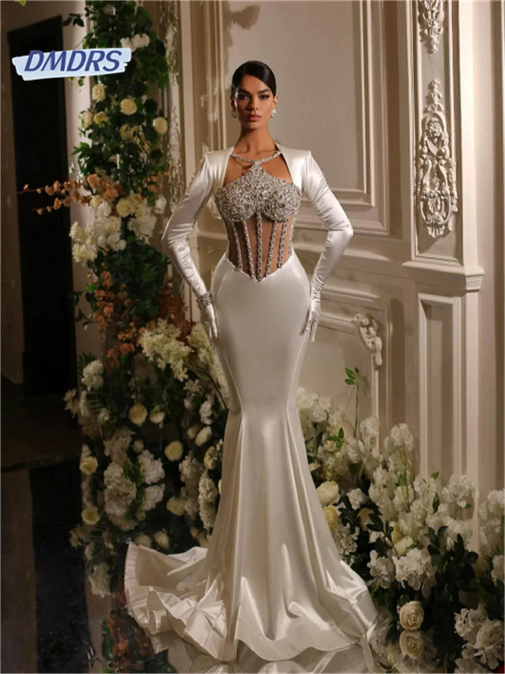 

Sexy Appliques Boat Neck Wedding Dress Romantic Mermaid Floor-length Bridal Gown Elegant Vestidos De Novia