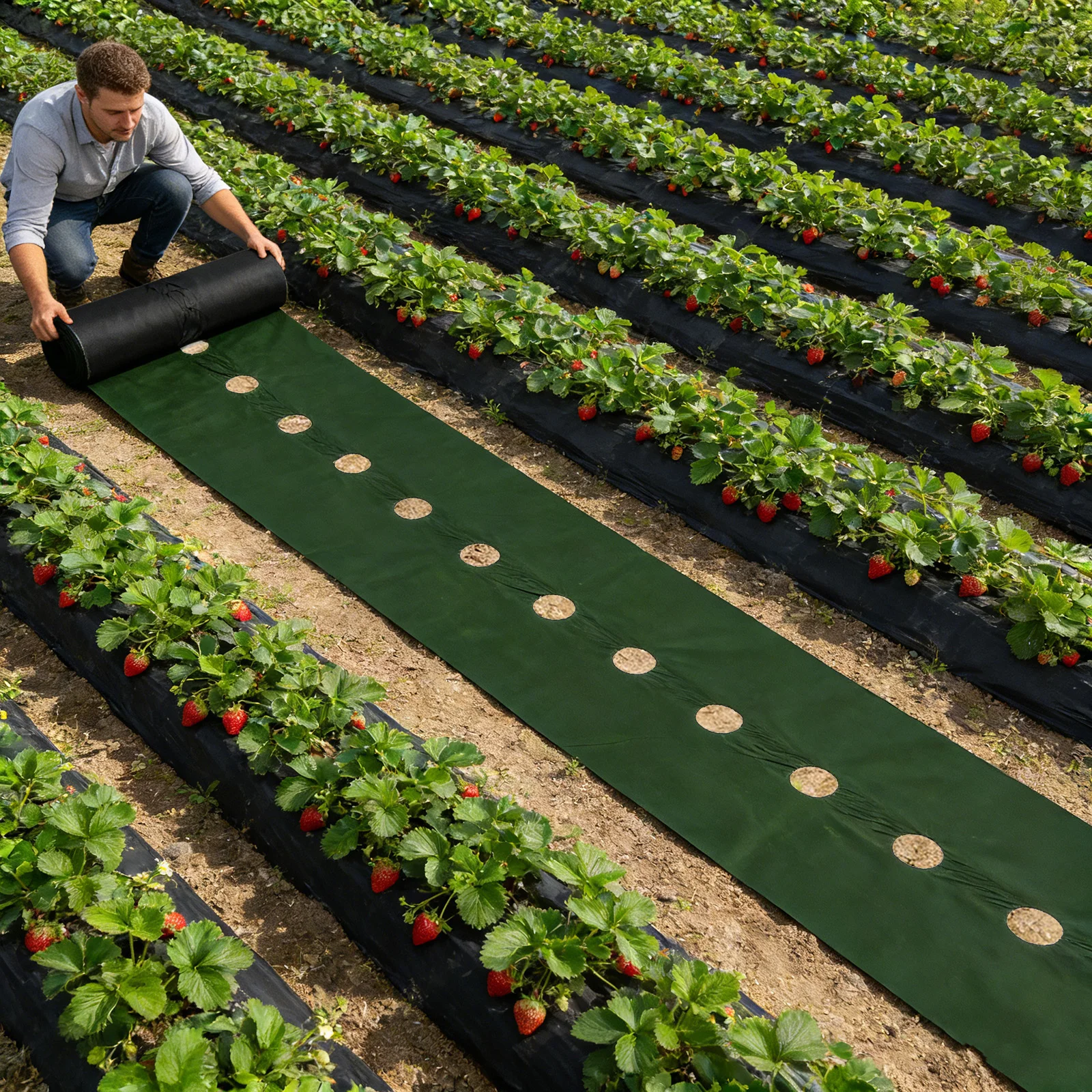Durable Green & Black Perforated Weed Barrier Fabric with Premium Ground Stakes