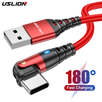 USLION Red Type C Cable 180 Rotate 3A Fast Charging Wire For Samsung Xiaomi Mobile Phone USB C Cable Type C Charger Data Cables 1