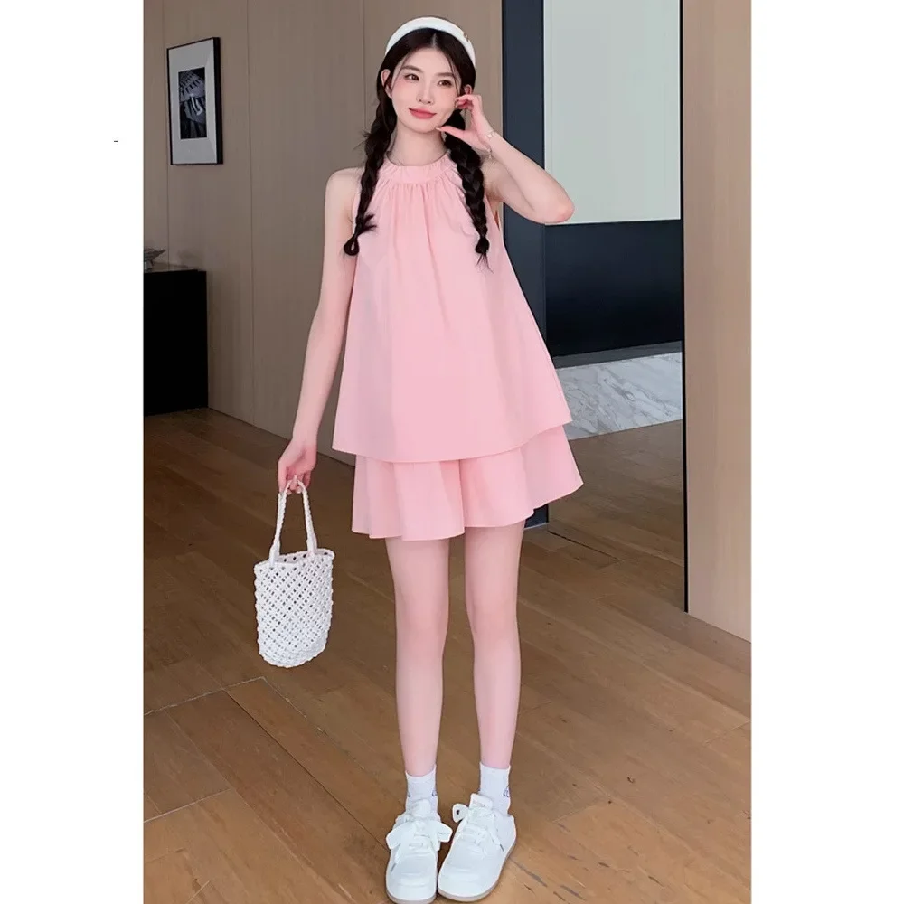 Summer French Cute Small Size Maternity Set Sleeveless Vest Doll Shirt Shorts Two Piece Thin Set for Pregnant Women