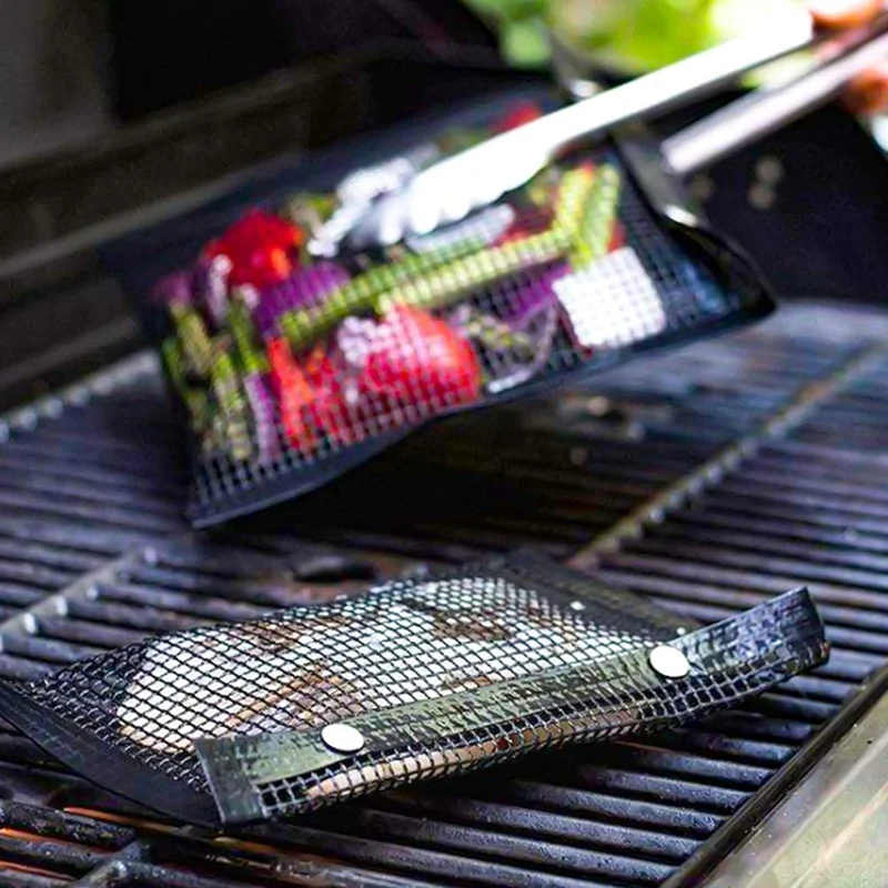 Bbq Grill Mesh Bag, Non-Stick Bbq Grill Bag Reusable and Easy To Clean Non-Stick Grid Bag with Brush