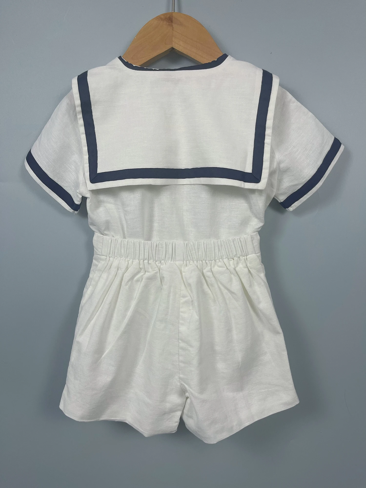 Summer Navy Sister Brother Clothing White Cotton Linen Fabric with Bblack Ribbon Comfortable Breathable Daily Outfit Performance 4
