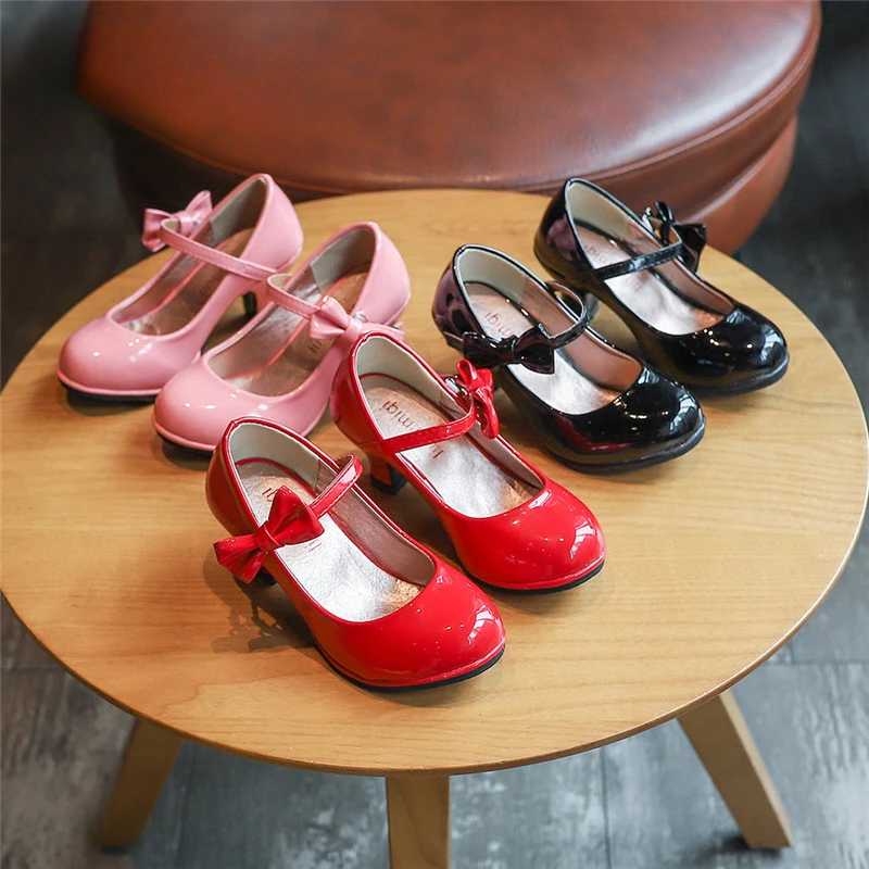 New Girls Leather Shoe Autumn Bowtie Sandals New Children Shoes High Heels Princess Sweet Sandals For Girls