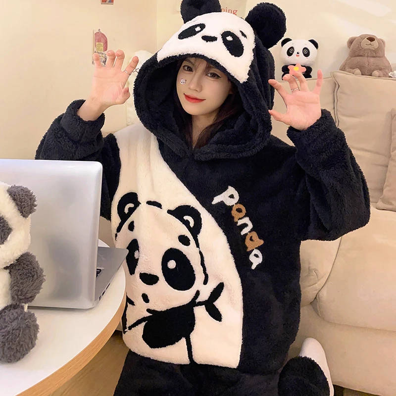 

Winter Thicken Sleepwear Pajamas Set Women Coral Fleece Pyjama Cartoon Panda Hooded Homewear Loungewear Pijamas Suit