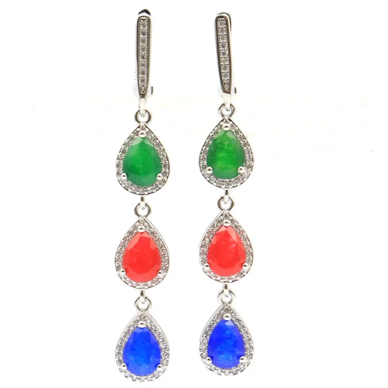 925 SOLID STERLING SILVER Earrings 7.5g Multi Color Blue Sapphire Emerald Red Rubies White CZ Woman's Wedding Polished Shiny